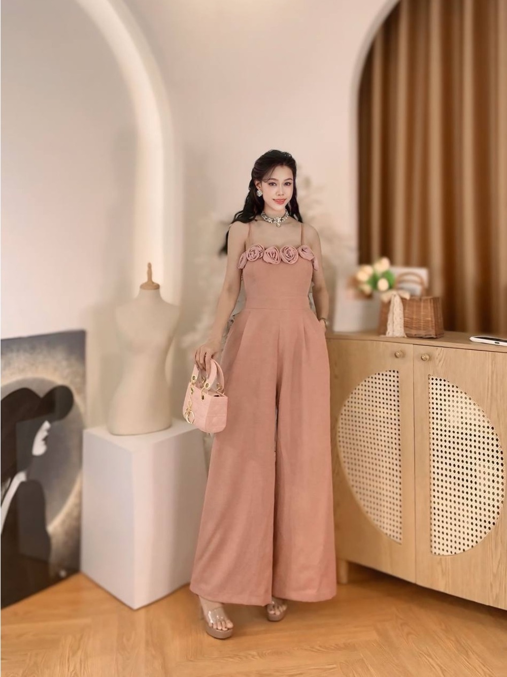 Strapless Rose Pink Wide-Leg Jumpsuit with Floral Trim